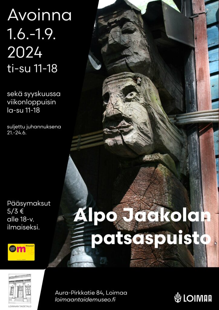 Kuvassa on Alpo Jaakolan patsaspuiston kesän 24 juliste. Kuvassa on yksityiskohta puisesta veistoksesta. Alpo Jaakolan patsaspuisto on avoinna 1.6. - 1.9. tiistaista sunnuntaihin klo 11-18, sekä syyskuussa lauantaisin ja sunnuntaisin klo 11-18.